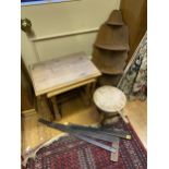 A NEST OF TWO PINE TABLES, A STOOL, A CORNER SHELF, RULERS ETC