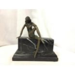 A BRONZE MODEL OF A LADY ON A MARBLE BASE SIGNED ALDE VITALET (A/F - FIGURINE COMES OFF BASE)