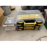 A PLASTIC STANLEY TOOL BOX AND A QUANTITY OF WIRE MESH GRILLS