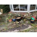 AN ASSORTMENT OF GARDEN PLANTERS TO INCLUDE TWO SALT GLAZED TROUGHS AND TEN FURTHER CERAMIC PLANT