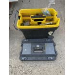 A PLASTIC TOOL BOXES AND CONTENTS TO INCLUDE BRACE DRILLS, WOOD PLANES AND FILES ETC