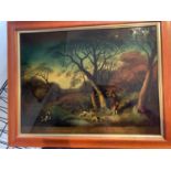 A FRAMED ORIGINAL HAND GLASS PAINTING WOODCOCK SHOOTING