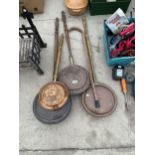FOUR VINTAGE COPPER BED WARMING PANS AND A WOODEN WALKING STICK