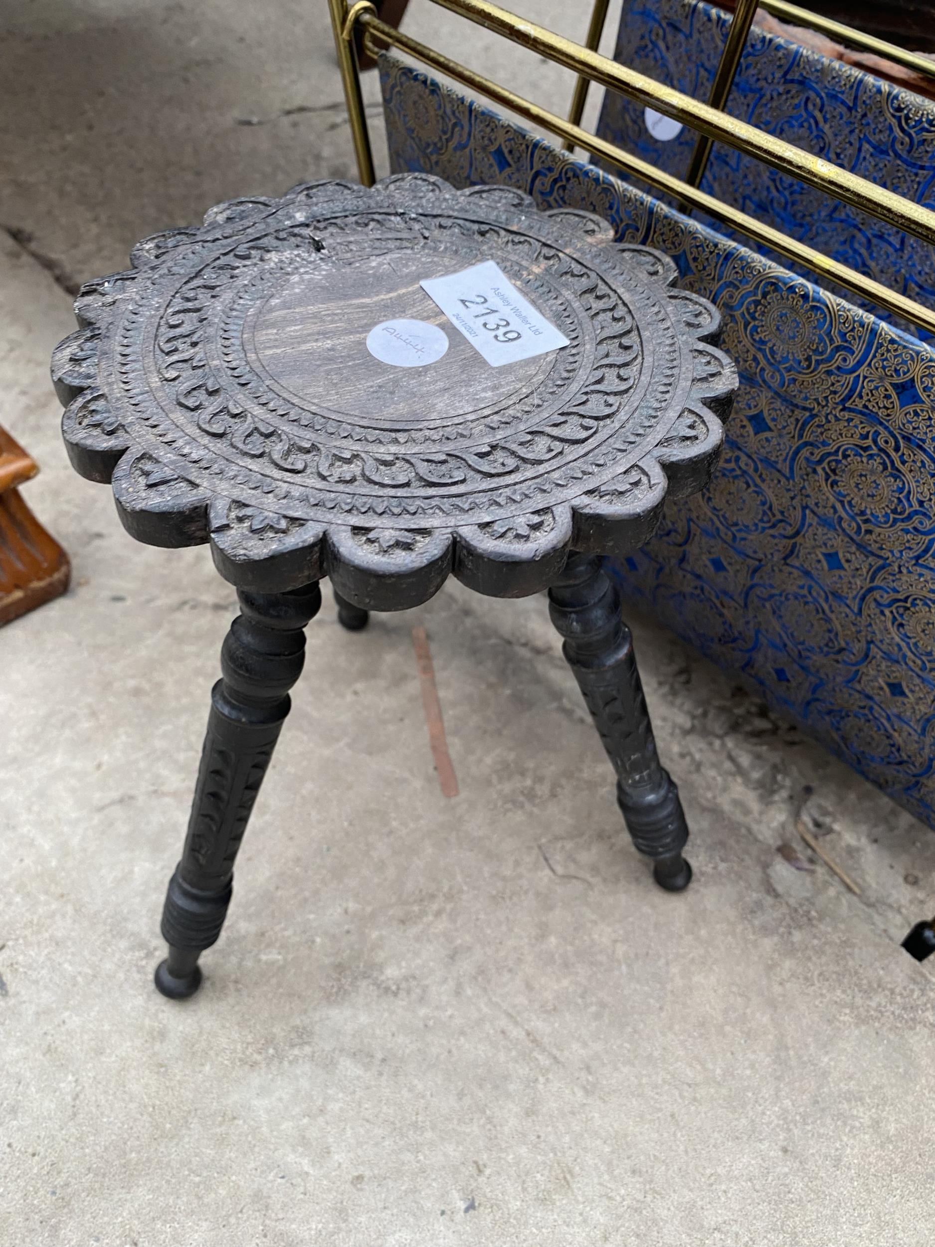 A MINIATURE EBONISED GYPSIES TABLE, SPANISH STYLE MAGAZINE RACK AND 1970'S METAL FRAMED MAGAZINE - Image 2 of 4