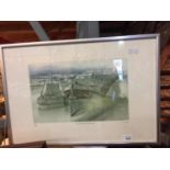 A FRAMED PRINT OF CANAL WORK BOATS 53/100