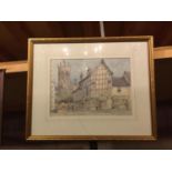 A FRAMED PRINT OF CHURCH LANE, NANTWICH, SIGNED TO THE BOTTOM RIGHT (GLASS A/F)