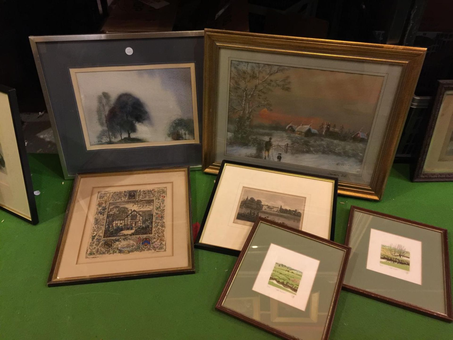 A QUANTITY OF PICTURES TO INCLUDE A HAND TINTED PICTURE OF SHAKESPEARE'S HOUSE AND TWO SIGNED