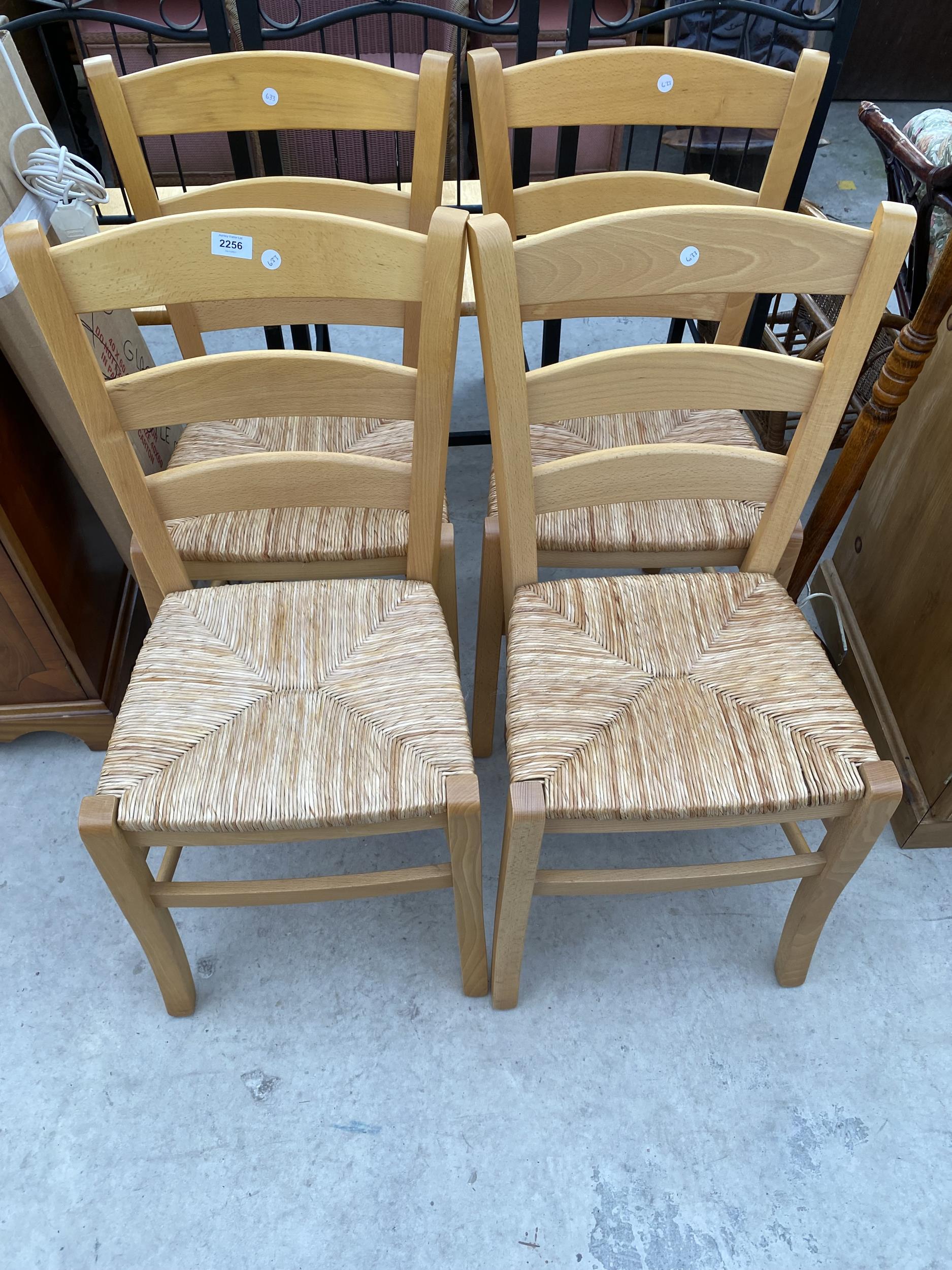 FOUR MODERN LADDERBACK DINING CHAIRS WITH RUSH SEATS