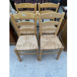 FOUR MODERN LADDERBACK DINING CHAIRS WITH RUSH SEATS