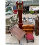 A GRANDMOTHER CLOCK, TWO TABLES, STOOL AND PINE WALL RACK
