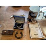 A CASED SILVER WINE COLLAR, SNUFF BOX, BRONZE MANILA, TANKARD ETC