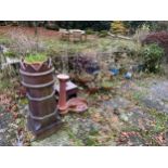 AN ASSORTMENT OF APPROX 18 GARDEN ITEMS TO INCLUDE TWO HALF WHISKEY BARRELS, A KING CHIMNEY POT