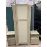 A PAINTED SINGLE DOOR WARDROBE AND TWO BEDSIDE LOCKERS