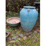 A LARGE GLAZED CERAMIC URN (HAS A HOLE TO BASE) AND A FURTHER CERAMIC BOWL