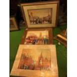 THREE MOUNTED PRINTS 'STATUE OF ST. ANNES', MANCHESTER SCENE 'BELLE VUE TRAM' AND ONE FURTHER FRAMED