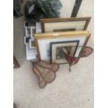 A COLLECTION OF FRAMED PRINTS, EMPTY PHOTO FRAMES AND LIGHT SHADES