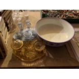 A PALE BLUE GLASS DRESSING TABLE SET, AN AMBER DRESSING TABLE SET AND A LARGE FLORAL DECORATED