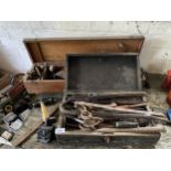 TWO VINTAGE WOODEN TOOL BOXES TO INCLUDE A NUMBER OF TOOLS TO INCLUDE CHISELS, PUNCHES AND A WOOD