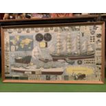 A LARGE FRAMED MARINERS CHART TO INCLUDE PICTURES AND INFORMATION OF SHIPS AND BOATS,