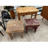 TWO PINE STOOLS AND OCCASIONAL TABLE