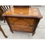 A 19TH CENTURY STYLE CONTINENTAL MARQUETRY INLAID CHEST OF FOUR DRAWERS ON FLUTED LEGS, WITH APPLIED