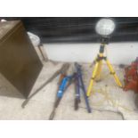 AN ASSORTMENT OF TOOLS TO INCLUDE A RECORD PIPE BENDER, A WORK LIGHT AND A SET OF BOLT CUTTERS ETC