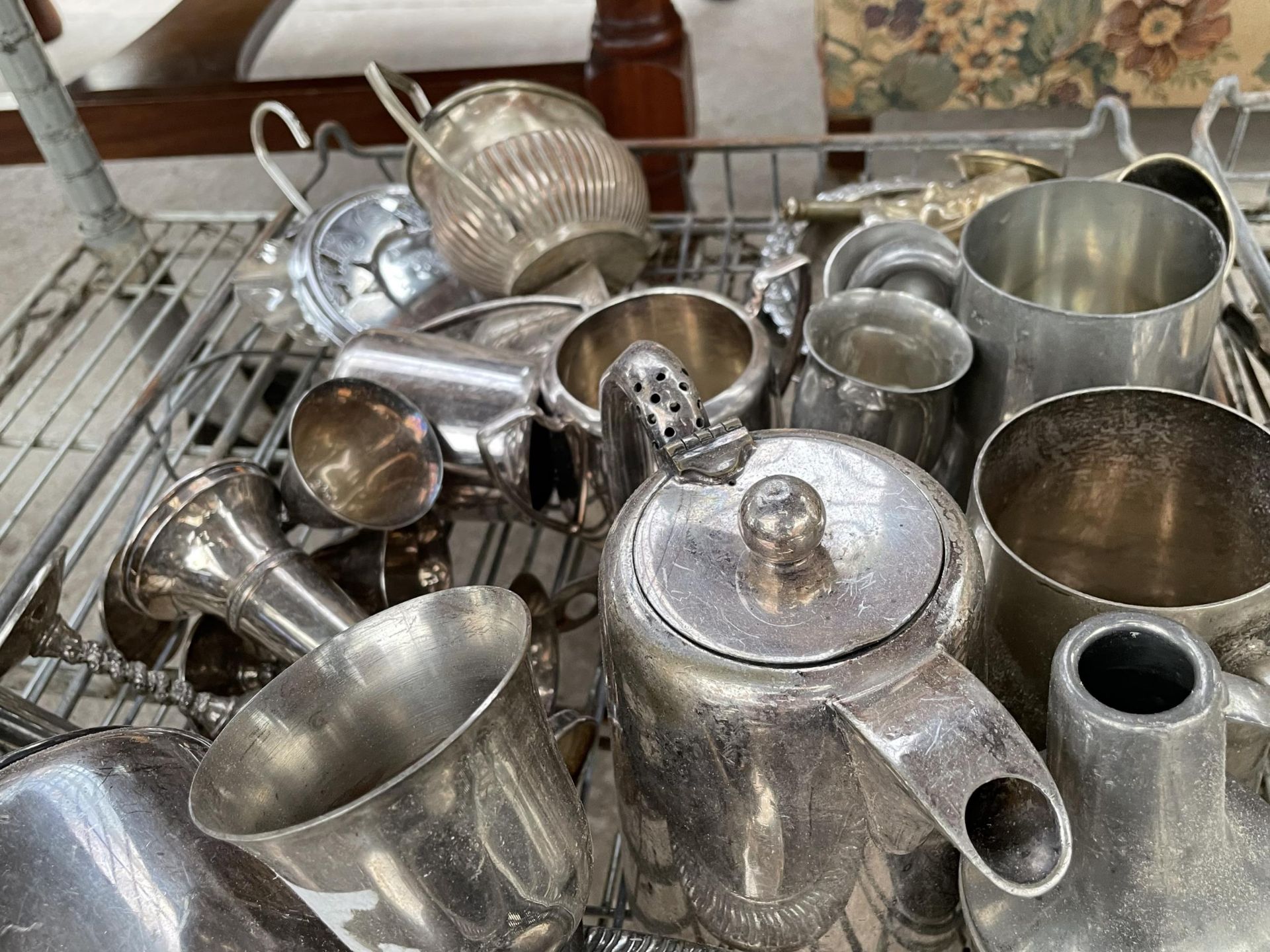 AN ASSORTMENT OF SILVER PLATE ITEMS TO INCLUDE TEAPOTS, CANDLESTICKS AND GOBLETS ETC - Image 2 of 2