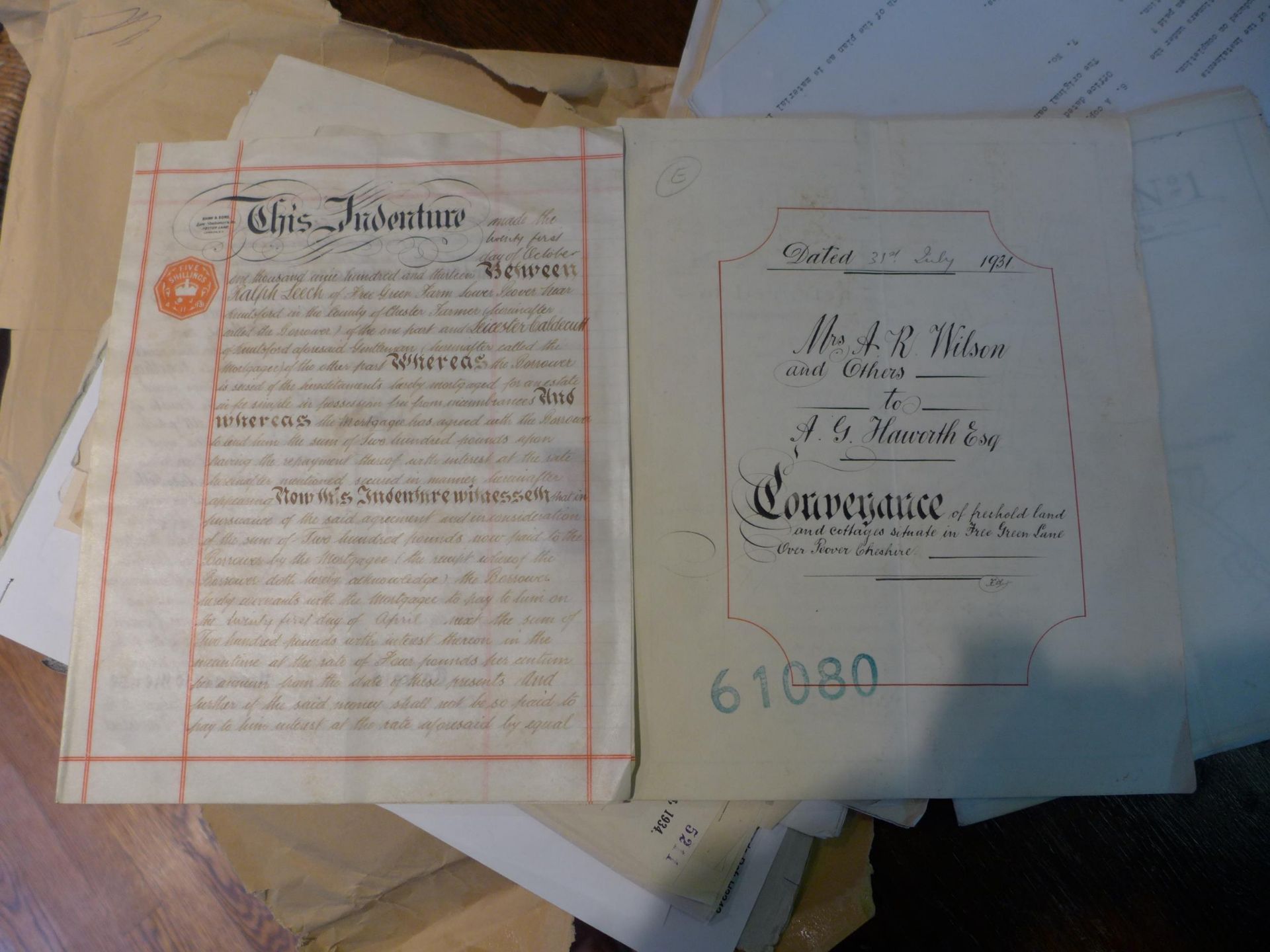 A PACKET OF EARLY 20TH CENTURY LEGAL DOCUMENTS RELATING TO PEOVER HALL, LAND AN COTTAGES, FREE GREEN - Image 3 of 4