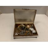 A SILVER PLATED BOX CONTAINING COSTUME JEWELLERY