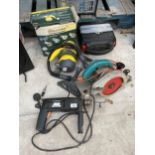 AN ASSORTMENT OF TOOLS TO INCLUDE A CIRCULAR SAW, AN ORBITAL PALM SANDER AND A HAMMER DRILL ETC