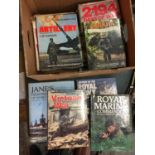 THREE BOXES OF MILITARY RELATED BOOKS TO INCLUDE VIETNAM WAR, NAVY, POPPY APPEAR ETC