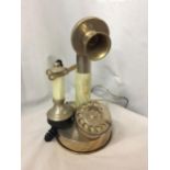 A VINTAGE STYLE WHITE METAL AND ONYX CANDLESTICK TELEPHONE CONVERTED TO MODERN SOCKET