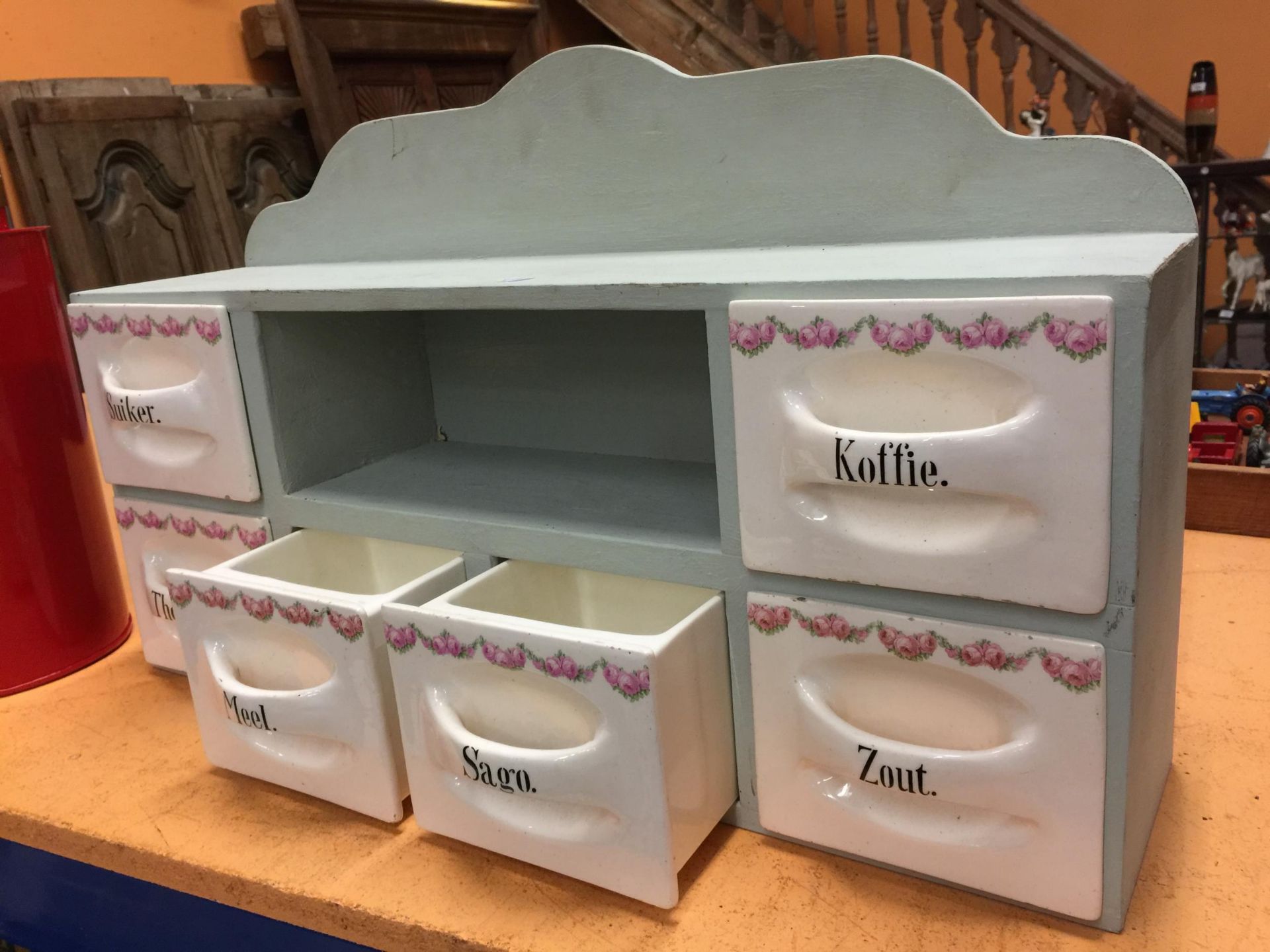 A DUTCH KITCHEN SET OF SIX PORCELAIN CONDIMENT DRAWERS IN WOODEN FRAME - Image 3 of 3