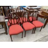 A SET OF SIX EDWARDIAN MAHOGANY AND INLAID SHERATON STYLE DINING CHAIRS, ONE BEING A CARVER