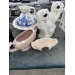 AN ASSORTMENT OF CERAMIC ITEMS TO INCLUDE WASH BOWL AND JUG, PLANTERS AND DOGS ETC