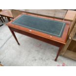 A MODERN YEW WOOD TABLE WITH LEATHER INSET TOP, 48 X 24"