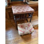 A TURNED WOOD STOOL WITH UPHOLSTERED TOP A/F AND A FOOTSTOOL
