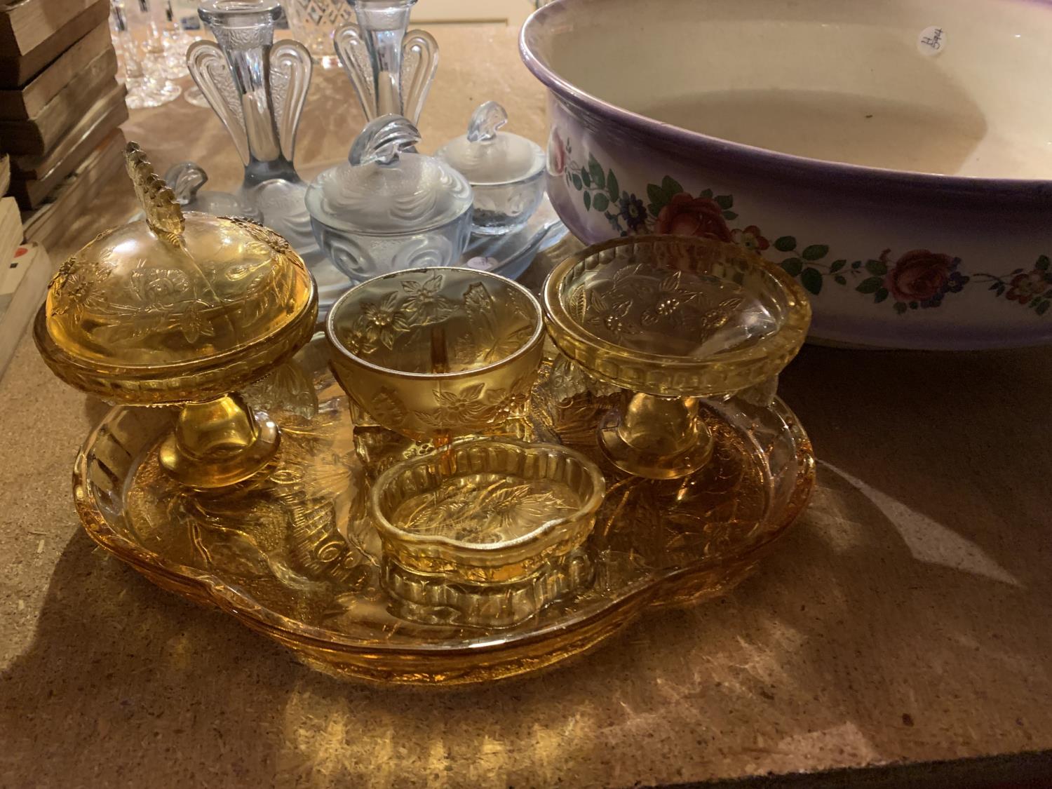 A PALE BLUE GLASS DRESSING TABLE SET, AN AMBER DRESSING TABLE SET AND A LARGE FLORAL DECORATED - Image 2 of 4