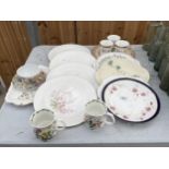 AN ASSORTMENT OF CERAMICS TO INCLUDE PLATES, CUPS AND A TRAY ETC