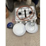 AN ASSORTMENT OF ENAMEL ITEMS TO INCLUDE A GAS COOKER AND PLATES ETC