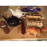 A SELECTION OF ITEMS TO INCLUDE TEAPOTS, A FLASK, PRICE COTTAGEWARE, BOXED FLATWARE, ETC