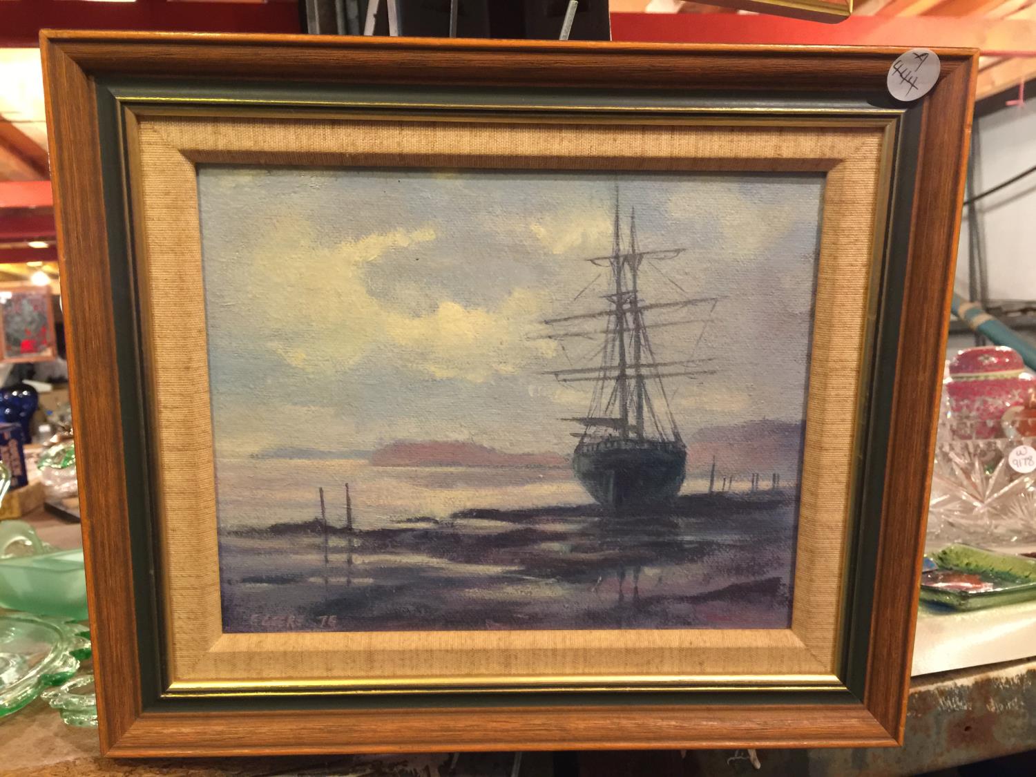 A SMALL FRAMED PAINTING ON BOARD OF A LARGE SHIP AND A SECOND FRAMED PRINT - Image 2 of 3
