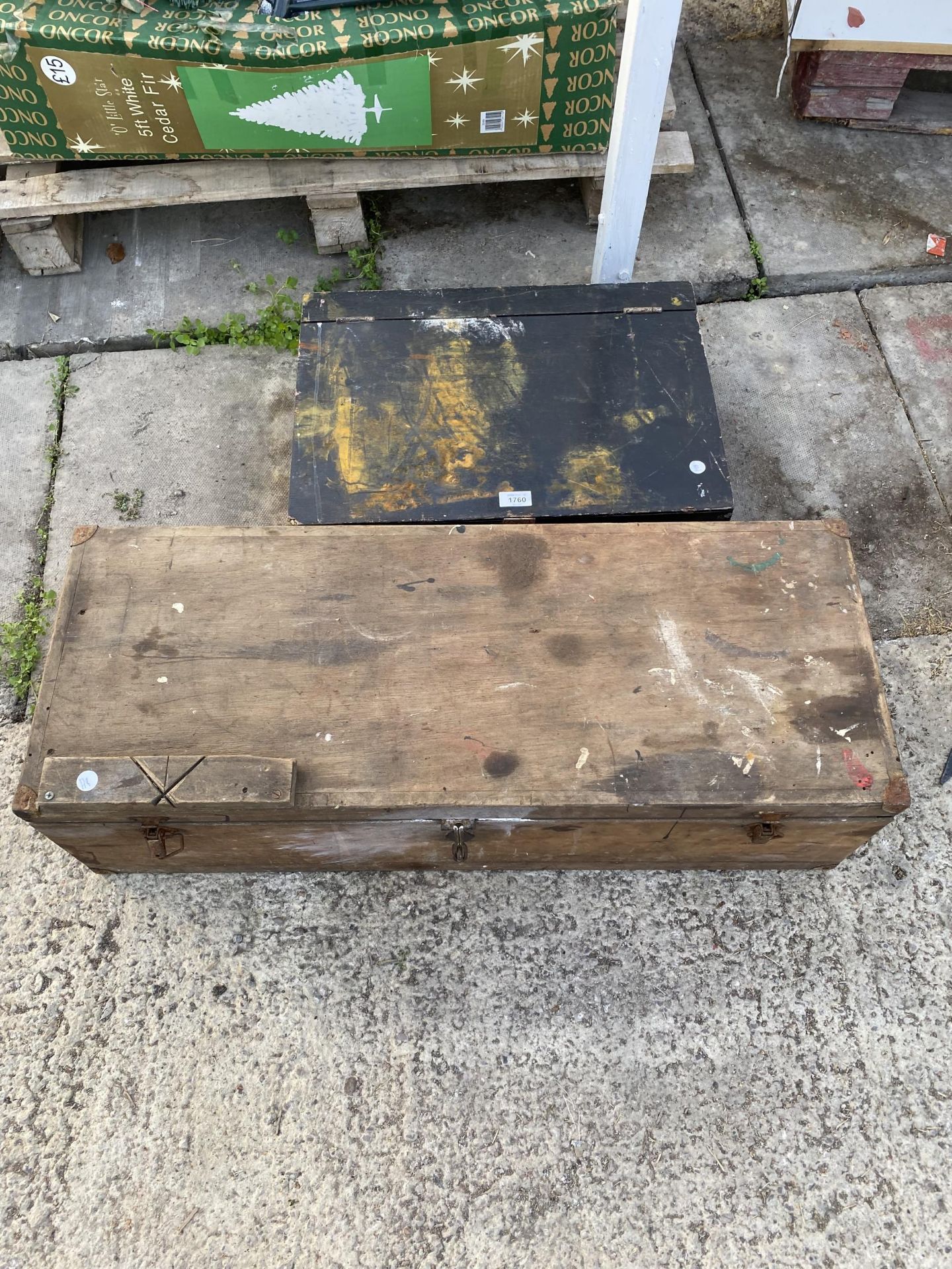 TWO WOODEN TOOL CHESTS AND CONTENTS TO INCLUDE TROWELS, CHISELS AND MALLETS ETC