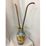 A DECORATIVE CERAMIC STICK STAND DEPICTING ORIENTAL STYLE SCENE TOGETHER WITH TWO WOODEN WALKING