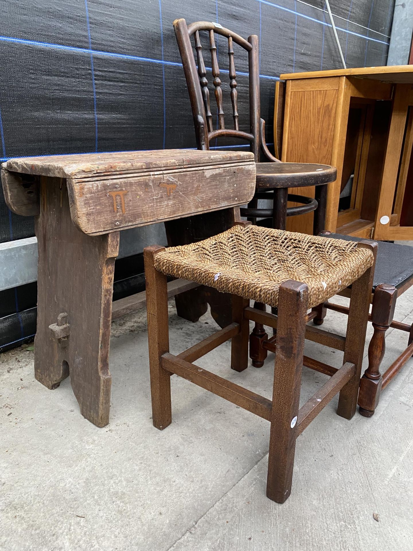 A BENTWOOD CHAIR, PINE STOOL AND TWO OTHER STOOLS - Image 2 of 3