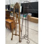 A CONTINENTAL STYLE EASEL AND METAL EASEL (SOME ADJUSTERS MISSING)