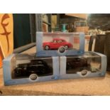 THREE BOXED OXFORD DIE CAST MODELS TO INCLUDE A SCALE 1:43 BLACK JAGUAR, AN AUSTIN RUBY SALOON AND A