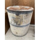 A LARGE VINTAGE GALVANISED STORAGE DRUM WITH HINGED LID