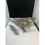 THREE WHITE METAL ITEMS TO INCLUDE A COCK AND HEN PHEASANT AND A FOX