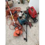 AN ASSORTMDENT OF GARDEN TOOLS TO INCLUDE A CHAINSAW, PRESSURE WASHER AND GRASS STRIMMER ETC